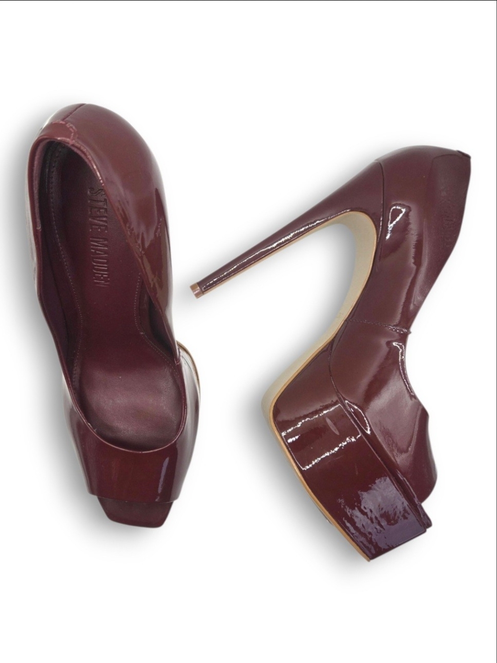 Steve Madden Ives Patent Garnet Red Leather Peep Toe Platform Stiletto Pumps - Picture 7 of 11